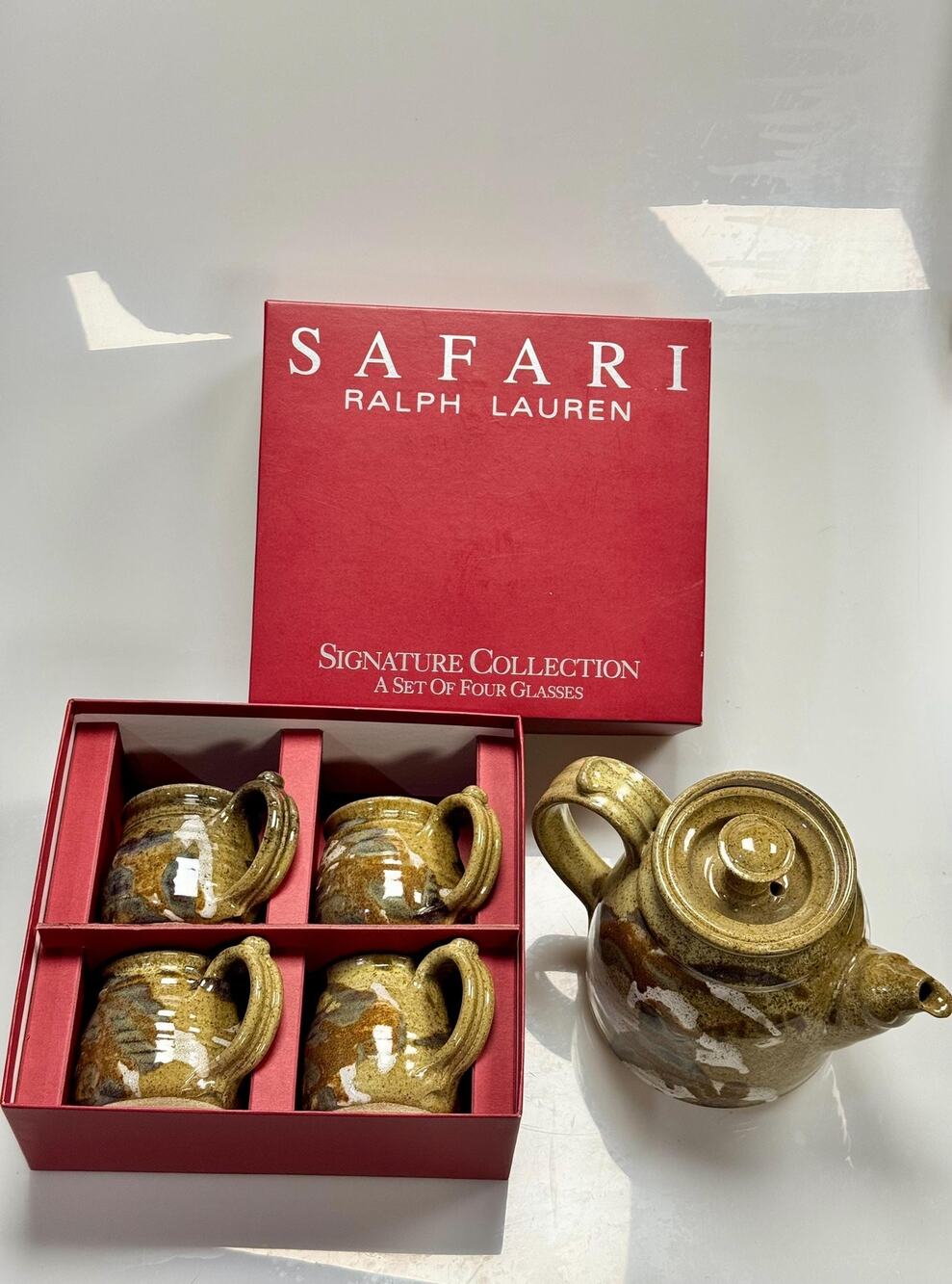 Vintage Ralph Lauren Safari Pottery Tea Set Teapot & 4 Mugs in Box